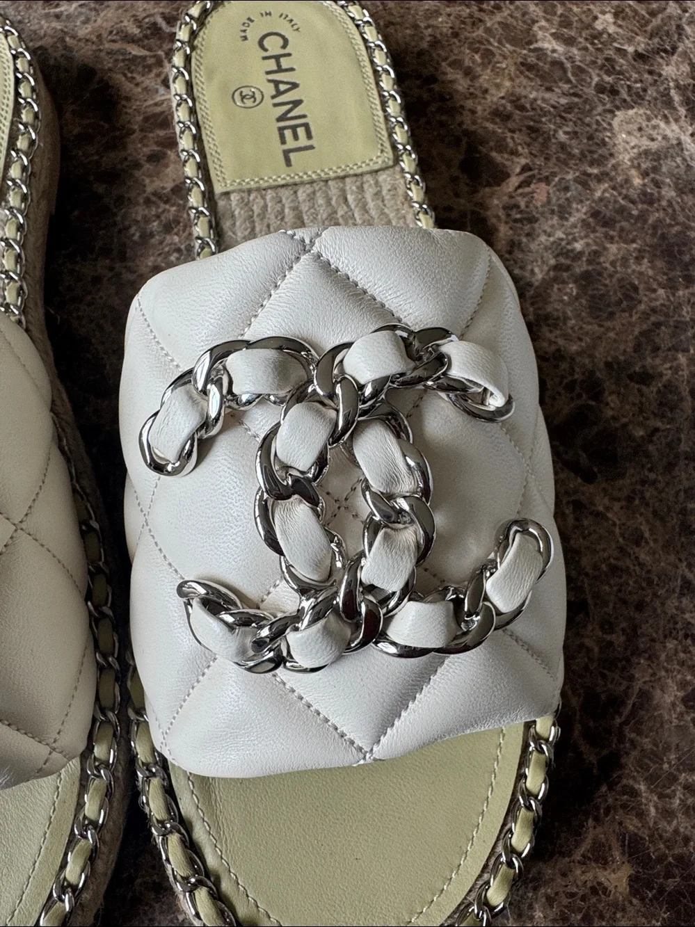 Chanel mules espadrilles flats ivory silver chain sandals sz 41